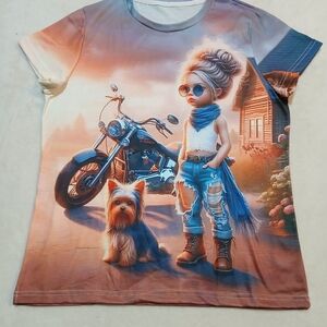 Women's Small Punk Biker Double-sided Graphic T-shirt Casual Streetwear